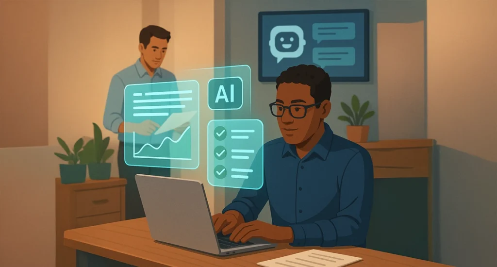 Two people in a modern office, one working on a laptop with papers on desk, another standing with documents near a wall display.