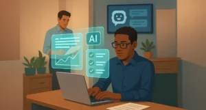 Two people in a modern office, one working on a laptop with papers on desk, another standing with documents near a wall display.