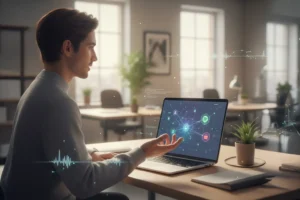 Person seated at modern desk speaking toward open laptop in softly lit office space with other blurred workstations nearby.
