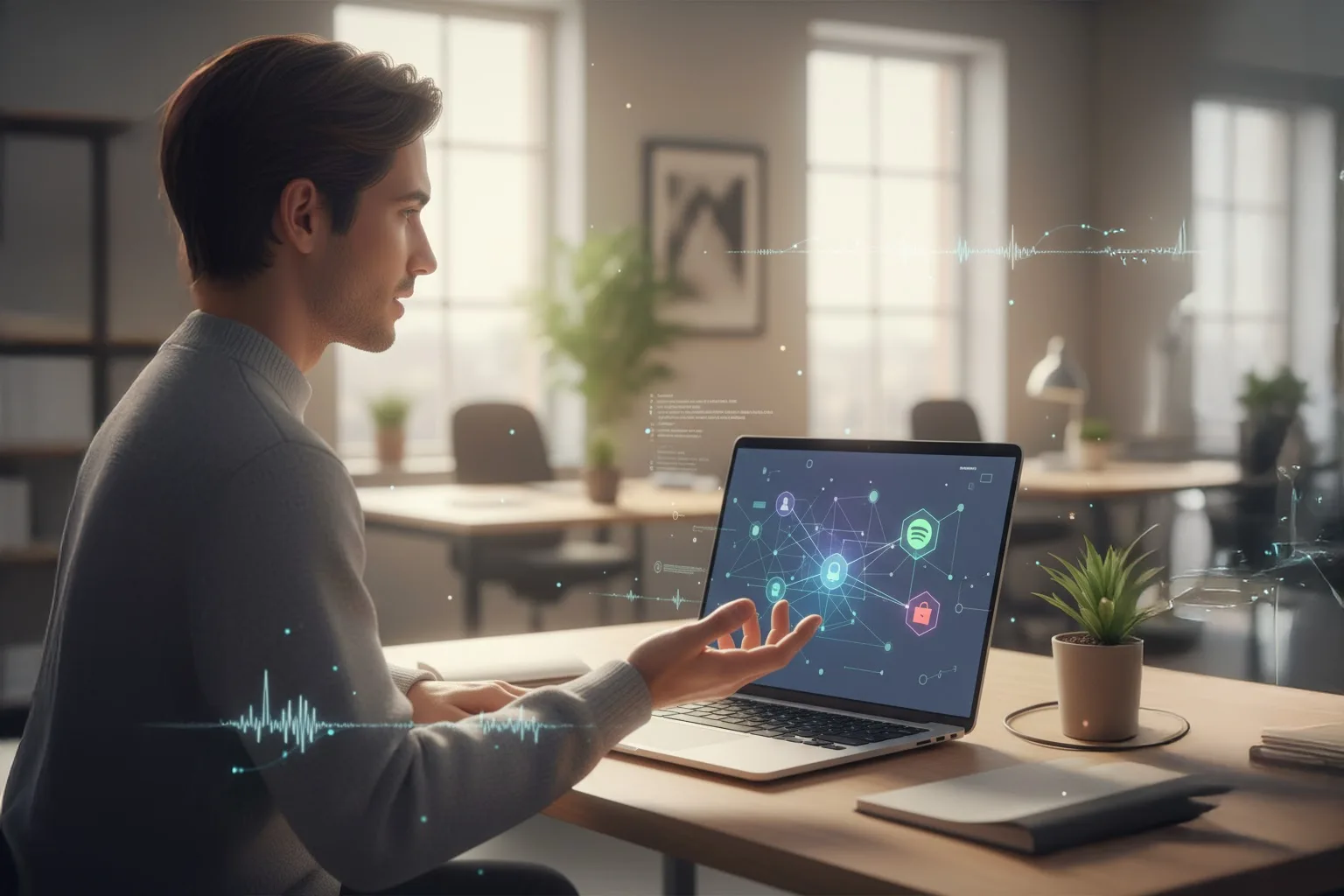 Person seated at modern desk speaking toward open laptop in softly lit office space with other blurred workstations nearby.