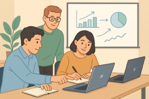 Three people seated around a table with laptops and notebooks in a brightly lit office space, collaborating together.